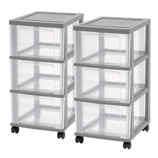 Iris® 3-Drawer Narrow Plastic Storage Drawer, Gray, Set of 2
